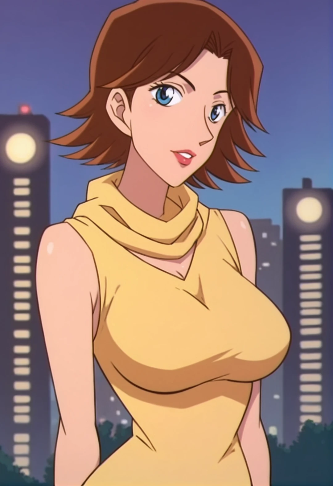 score_6_up,
((1girl,solo,upper body,front view,milf,)),
breasts, thin thighs, thick ass,thin hips,thin waist,
Kaoru Kusano,Blue eyes, brown_hair, short_hair,lipstick, makeup, red_lips, dress, yellow_dress, scarf, profile,
(outdoors,city lights,blurry background, ),
<lora:PONY_Kaoru_Kusano_Anime_Detective_Conan:0.8>