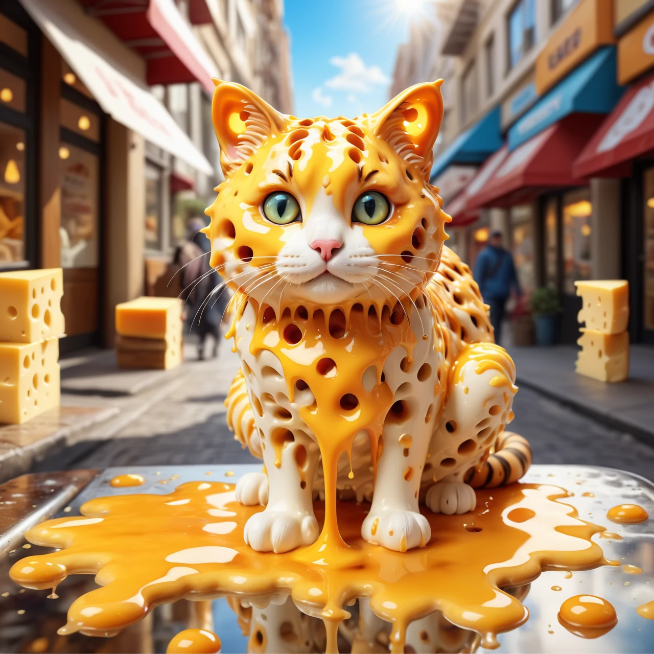 Jed-Drpgcese, walking in a city, masterpiece, full of details <lora:DrippingCheeseStyle-000006:0.8>, Vector Art, moody, (Manx Cat:1.1) , it is Kawaii, Sunny, Detailed illustration, Suffering, F/1.8, tiger print details, Instagram, elaborate, beautiful detailed, fine polished, grand illumination, gorgeous, highly detailed, magical