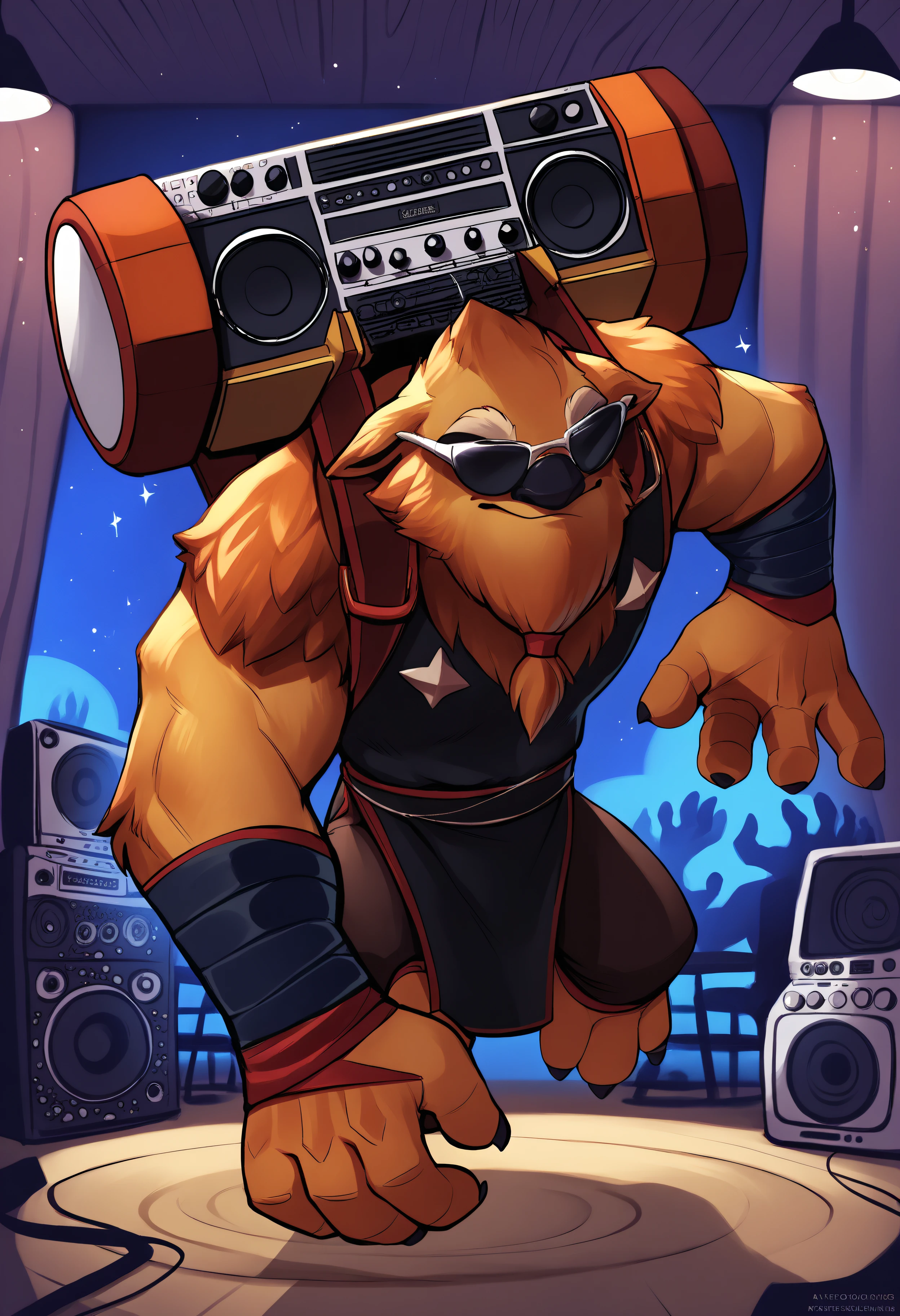 score_9, score_8_up, score_7_up, score_6_up, score_5_up, score_4_up, source_furry, BREAK, 1boy, earthshakerpdxl, male, arm wrap, carrying on back, sunglasses, carrying boombox, dancing, big hands, tabard, backpack, night club, interior, solo, closed eyes, happy, shadow, <lora:Earthshaker:0.8>, <lora:[Miles_DF] Artist Style PonyXL:0.7>