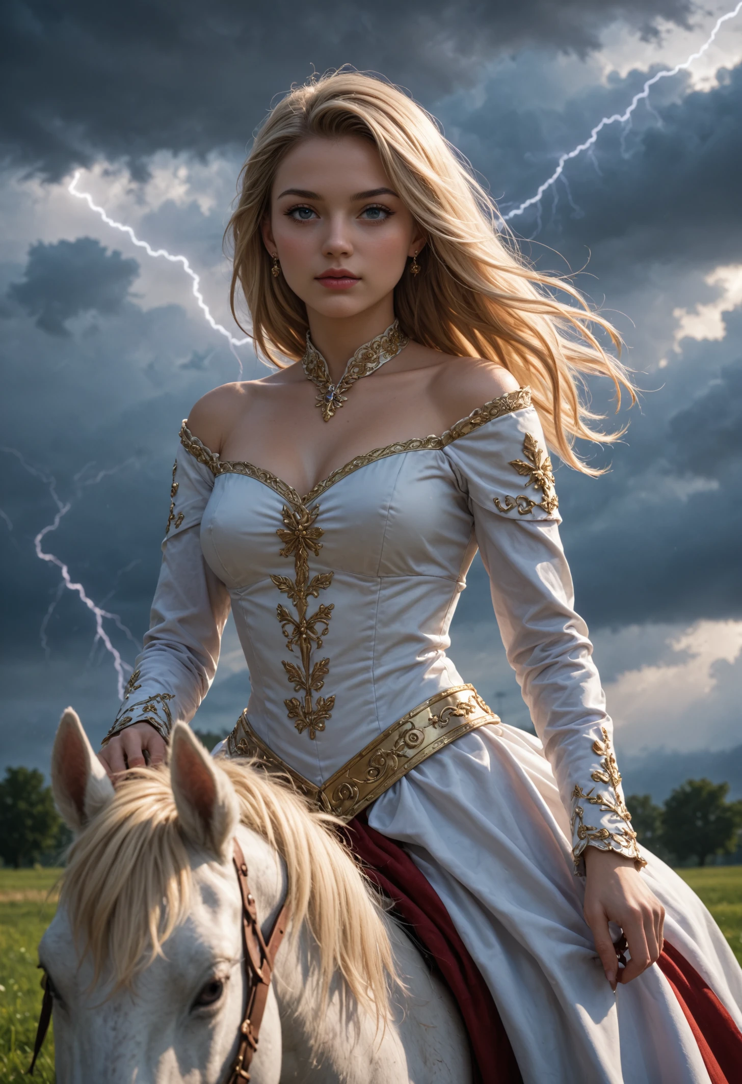 score_9, score_8_up, score_7_up, score_6_up, elegant beautiful english woman named godiva, riding a stunning white horse, front view, long blonde hair, shoulders, black clouds, thunderstorm, lightning bolts, dramatic lighting, flawless,dreamy,perfect,medieval, close up portrait, detailed realistic photo