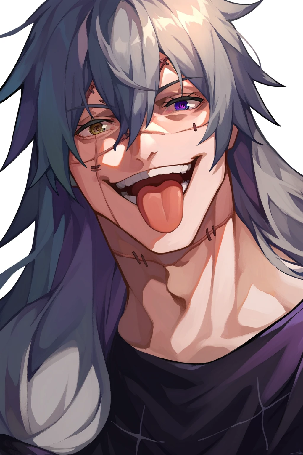 score_9, score_8_up, score_7_up, source_anime, highly detailed, novel illustration, wallpaper, beautiful details, mahito, 1boy, long hair, male focus, evil smile, tongue, teeth, looking at viewer, heterochromia, black shirt, stitches, scar, patchwork skin, portrait, white background, simple background,