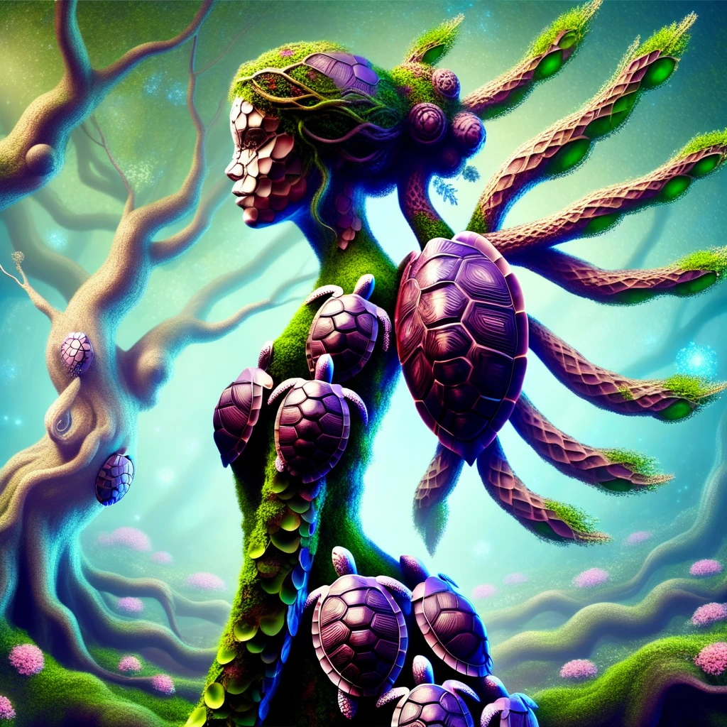 digital art image of a Dryad made out of turtle shells