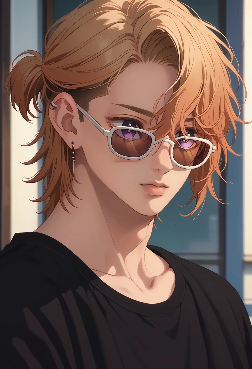 score_9, score_8_up, score_7_up, source_anime, rating_safe, Shinfection1, 1boy, male focus, anime screencap, collarbone, tinted sunglasses, black stud earring, ear piercing, from side, beauty shot,