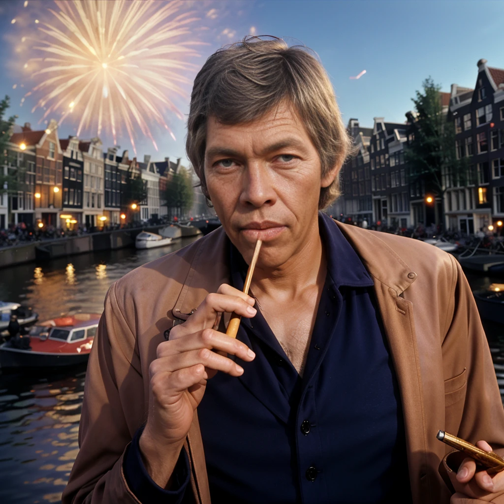 <lora:JamesCoburn:1> james coburn gathering for the fireworks smoking weed in Amsterdam, 4k, raw, masterpiece