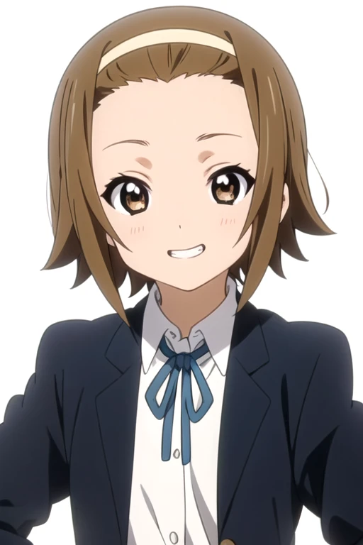 solo, 1girl, looking at viewer, 2D, anime, official style, anime coloring, anime screencap, upper body, (simple background, solid white background:1.3), <lora:ritsu-kon:0.8>, ritsu tainaka, school uniform, long sleeves, blazer, ribbon, hairband, short hair, smile, grin