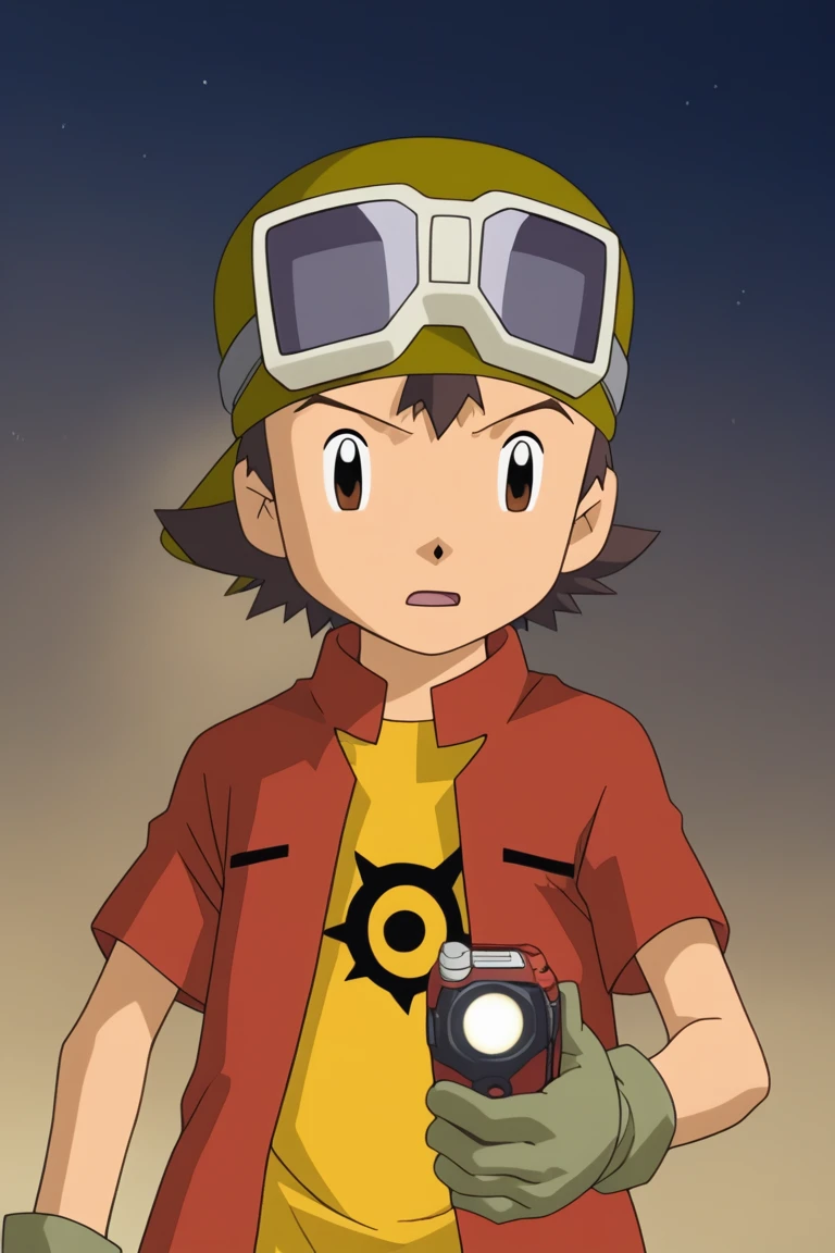 score_9, score_8_up, score_7_up, score_6_up, detailed, intricate details,best quality ,source_anime, cowboy shot, male focus
takuya kanbara, brown hair, brown eyes, red jacket, yellow shirt, 1boy, male focus, solo, gloves, goggles, hat, open mouth, goggles on head, flashlight<lora:EMS-421335-EMS:1.000000>