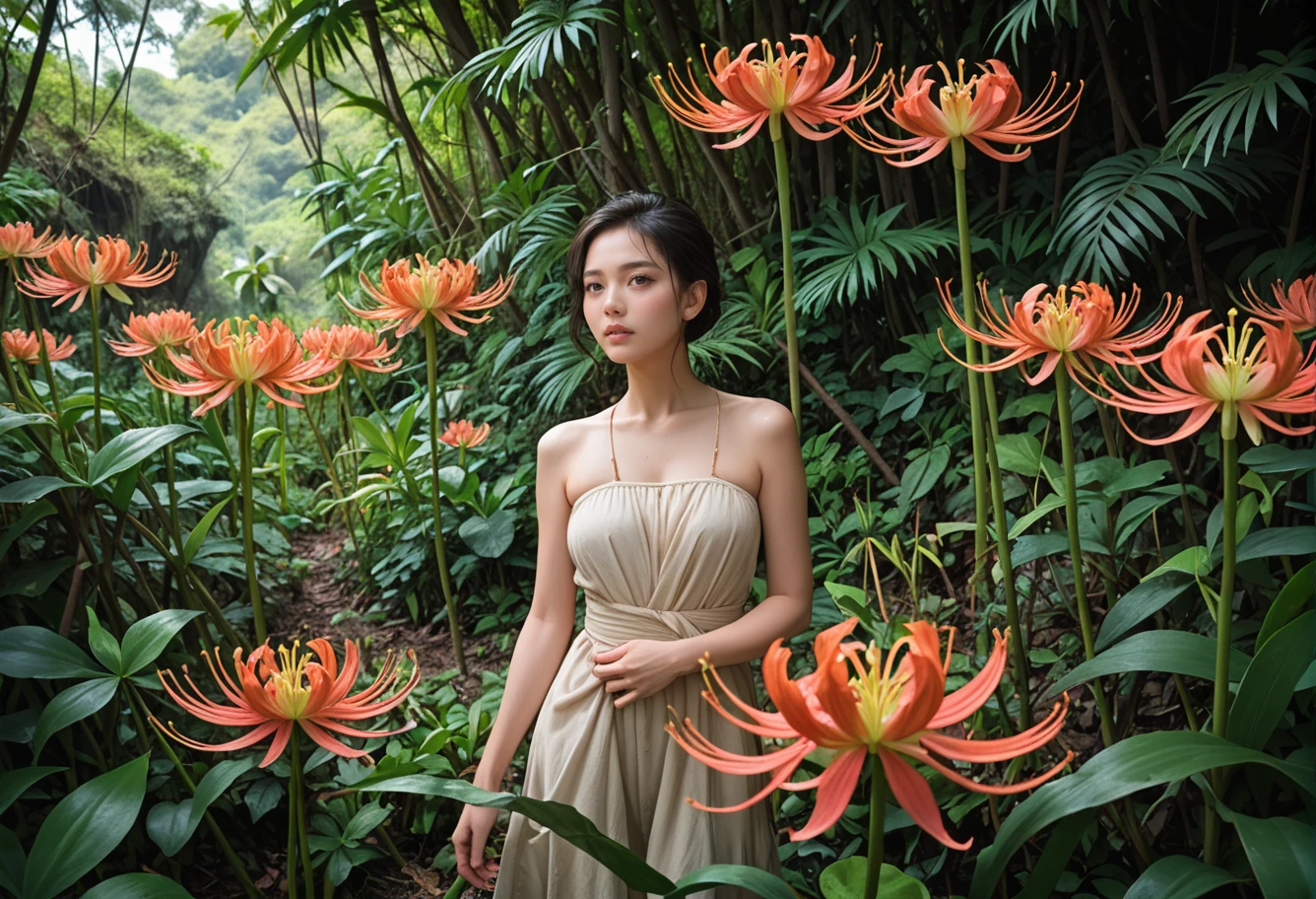 ,ruanyi0797,spider lily,flower field,(no humans:1.2),jungle,overgrown,<lora:0797 spider lily_v1_pony:1>, score_9,score_8_up,score_7_up,,8k,1girl,solo,,