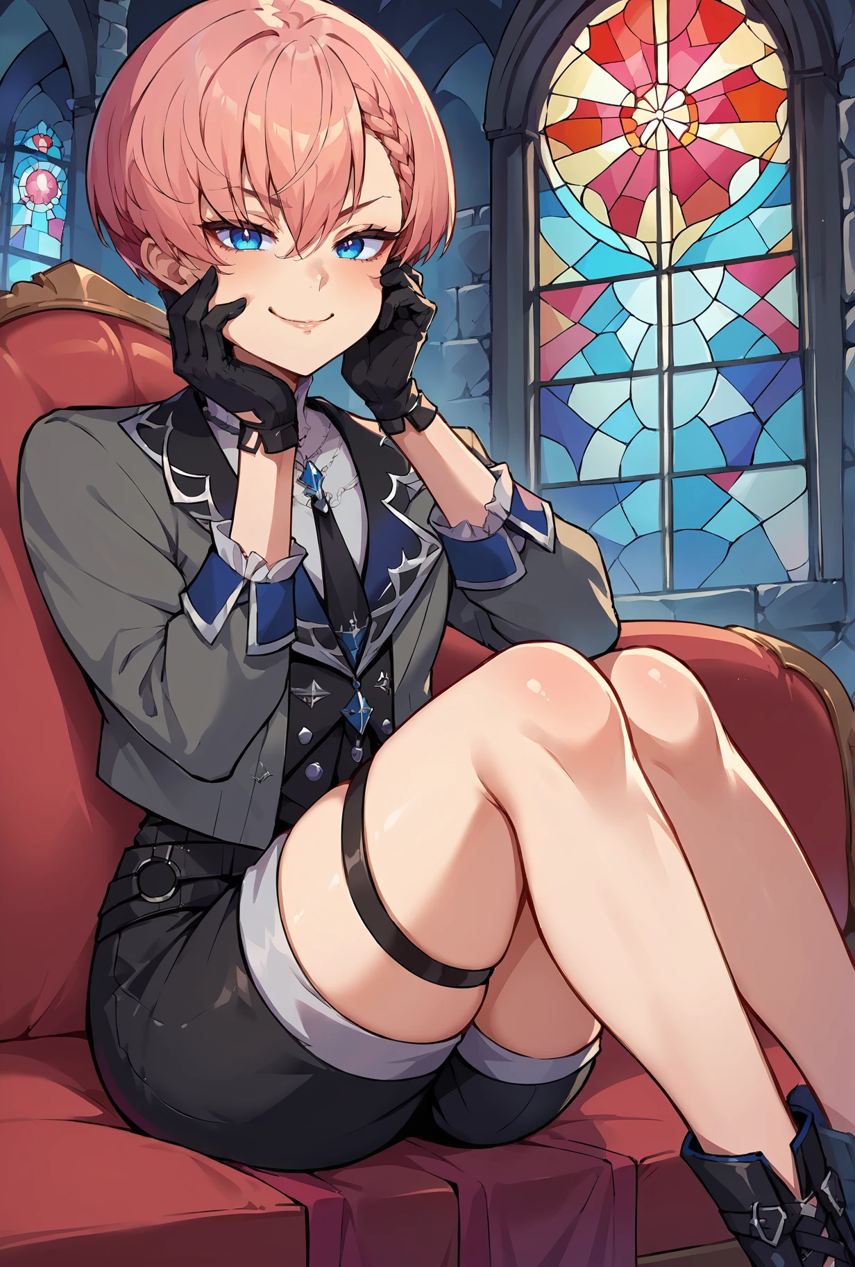 score_9, score_8_up, score_7_up, source_anime BREAK
1girl, sitting, couch, cowboy shot, looking at viewer, arm support, hand on own face, smug
indoors, stained glass window, gothic architecture, dark, night, stone wall, arm support, hand on own face, smug, knees up
<lora:TakaneLuiXL-3:1> lui-4th, half gloves
black jacket, grey jacket, short hair, |