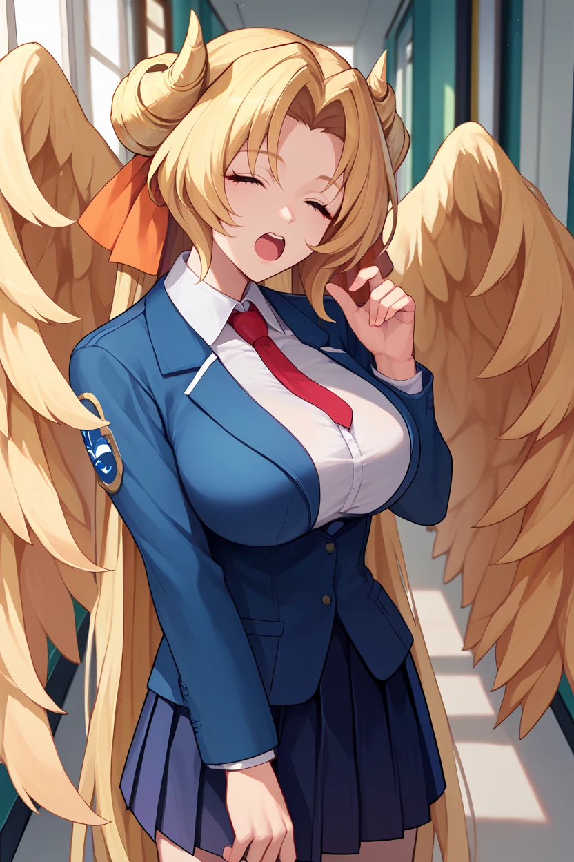 score_9, score_8_up, score_7_up, score_6_up, source_anime BREAK 1girl, solo   <lora:margotknight-pdxl-nvwls-v1-000006:1> margot knight, blonde hair, very long hair, double bun, hair ribbon, yellow wings, large breasts, closed eyes, blue blazer, red necktie, white shirt, pleated skirt, hallway, looking at you, open mouth