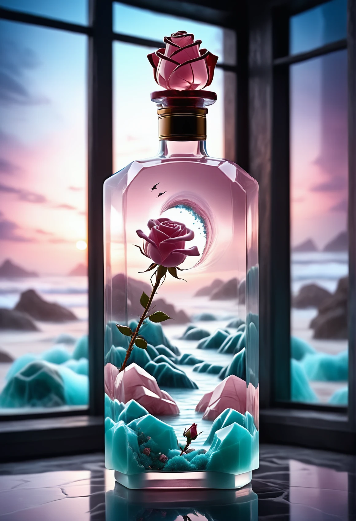 a rose inside a bottle infront of an open window made out of reij-rsqrtzjd <lora:rosequartzjade-000007:1>,,, surrounded by stardust,, digital manipulation, flowing, highly decorated, intense, ambient atmosphere, stunning