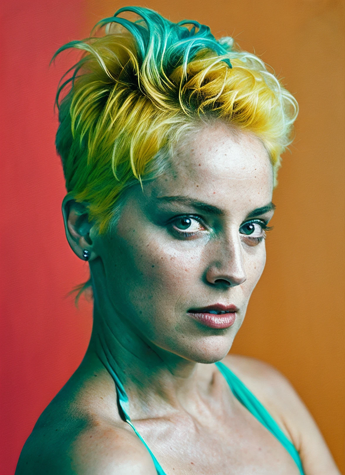 portrait of beautiful sks woman by Flora Borsi, style by Flora Borsi, bold, bright colours, intricate haircut, (Flora Borsi), by annie leibovitz, natural lighting, <lora:locon_sharonstone_v1_from_v1_64_32:0.7> <lora:lora-small-sharon-stone-v1:0.65>
