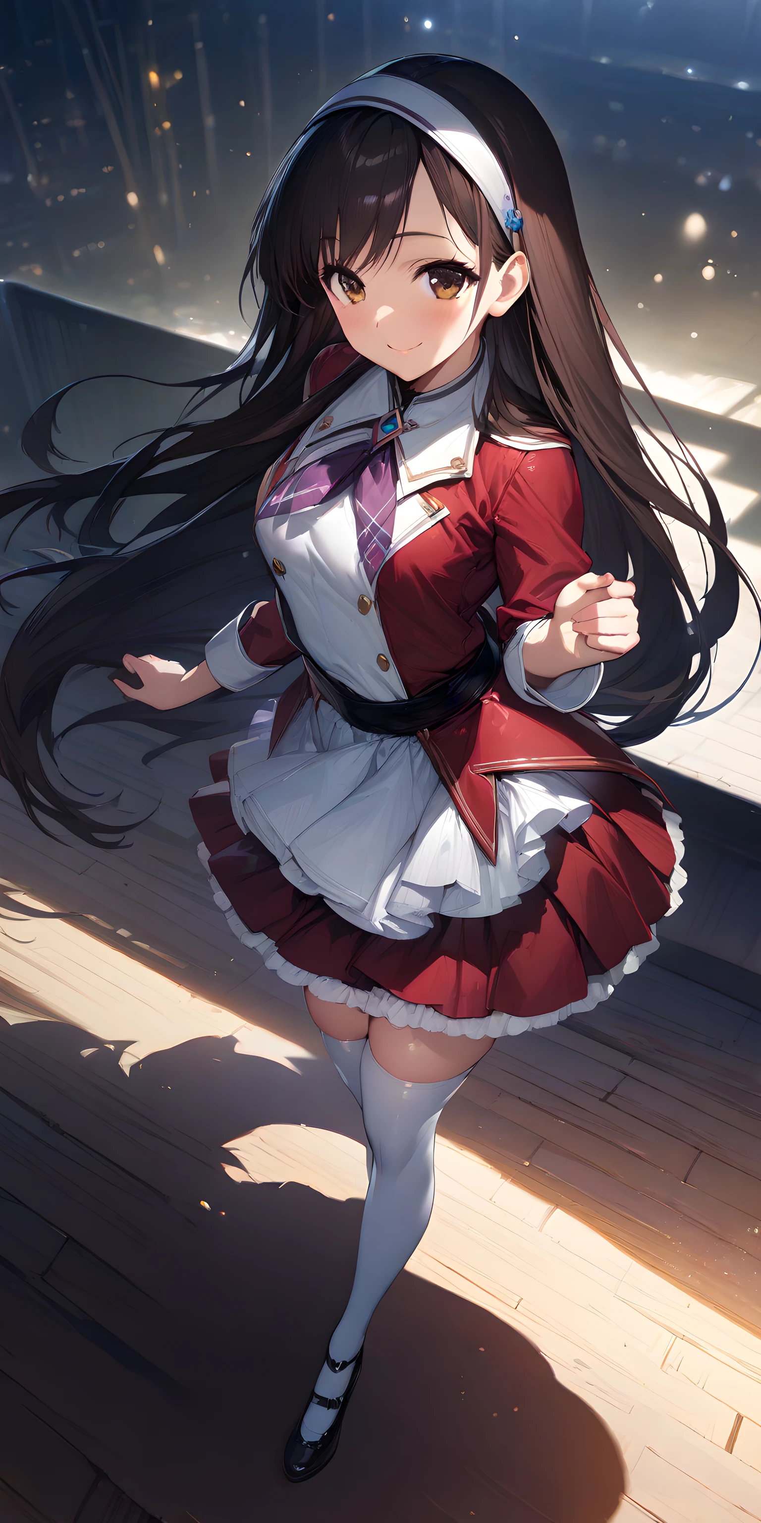 (masterpiece),(best quality),(ultra-detailed),(best illustration),(best shadow),(absurdres),(detailed background),(very aesthetic),yuki_morikawa, 1girl, solo, thighhighs, long hair, white thighhighs, skirt, hairband, smile, stage background, shoes,  brown eyes, full body, white dress, red jacket, red skirt, <lora:XL-YukiMorikawa:1>