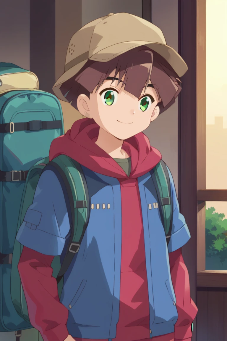 score_9, score_8_up, score_7_up, score_6_up, detailed, intricate details,best quality ,source_anime, cowboy shot,
hiro amanokawa, brown hair, green eyes, blue jacket, red hoodie, 1boy, male focus, solo, hat, smile, backpack, bag, indoors, closed mouth, jacket, upper body, hood<lora:EMS-421264-EMS:1.000000>