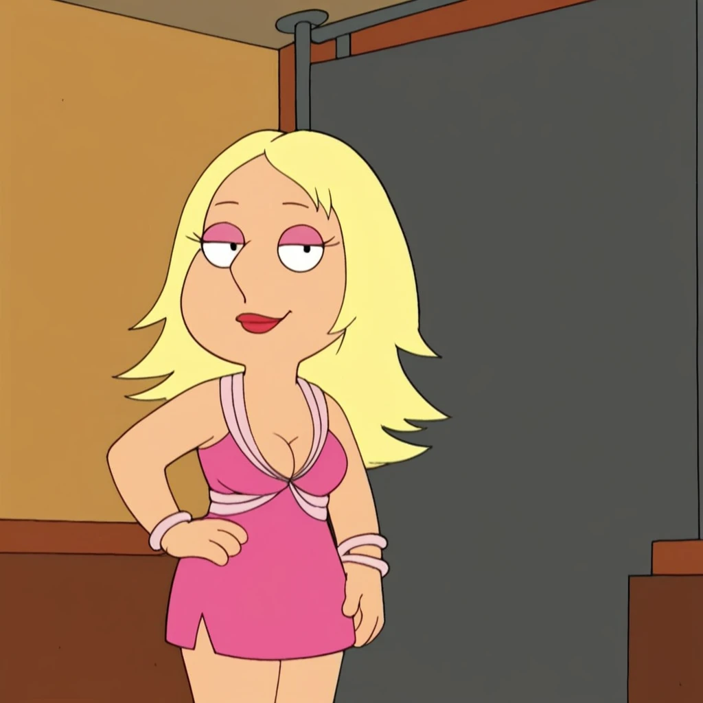 meg, blonde hair, 1girl,, solo, long hair, flat color, cleavage, medium breasts, pink dress, pink eyeshadow, jewelry, bracelet, standing, hand on own hip, looking at viewer, smile, recording studio, score_9, score_8_up, score_7_up, score_6_up, score_5_up, score_4_up