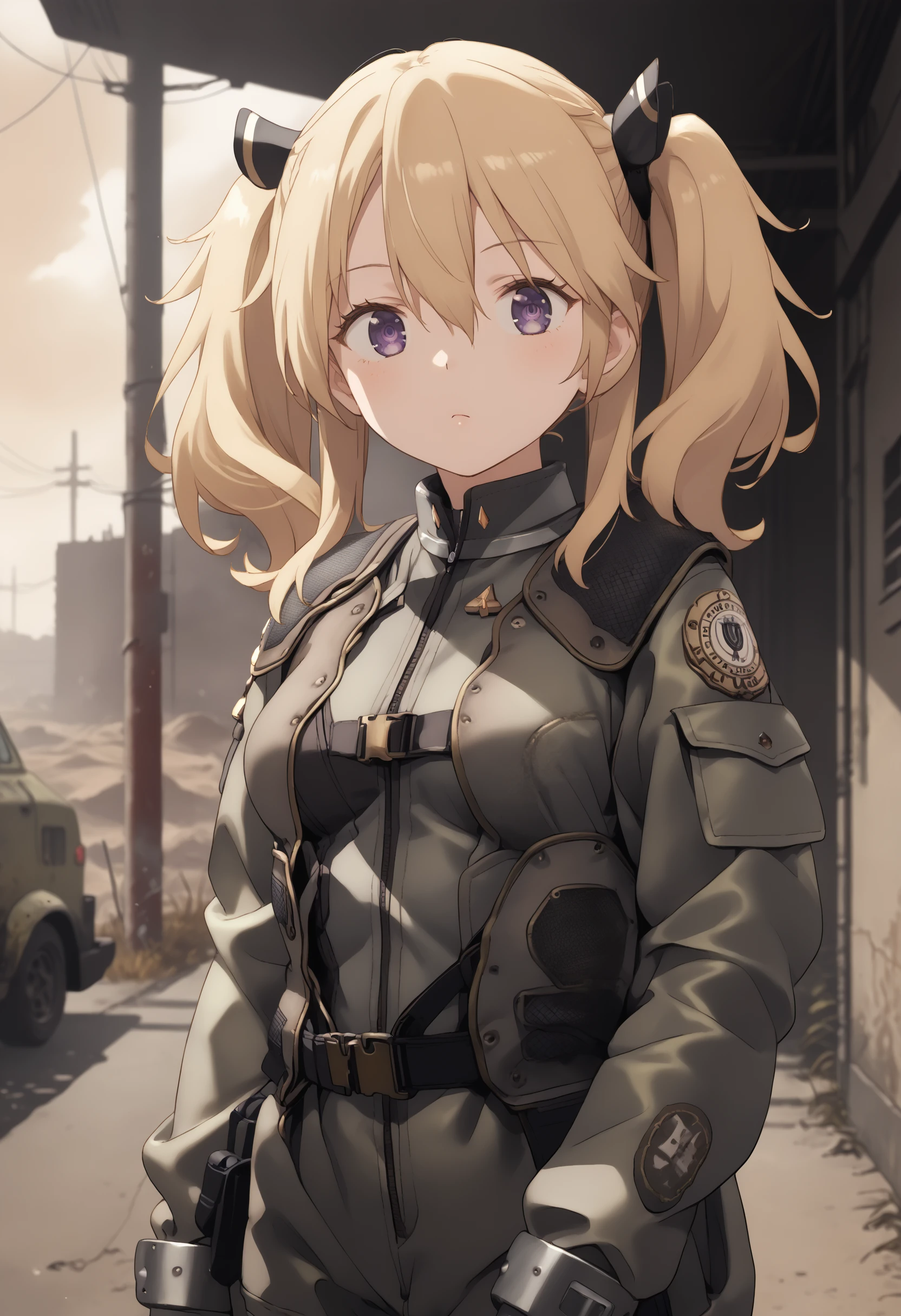 score_7_up,solo,<lora:SashaNecron-04>, source_anime, 1girl, solo, long hair, blonde hair, hair between eyes, twintails, purple eyes, medium breasts,wasteland,
bsgvprunf,pilot uniform
,<lora:BSGpony1>