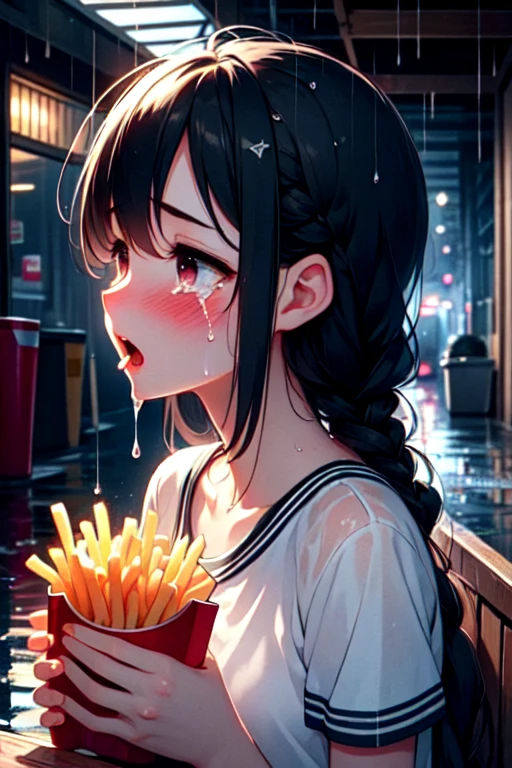 shirtlift ((holding soggy fries)), ((pov male)), ((pov hands)), open mouth, feeding, crying with eyes open, fear, tears, out of frame, 1boy, 1girl, sweat, shy, blush, slim figure, from side, alley, <lora:girlhatesoggyfries:0.9>