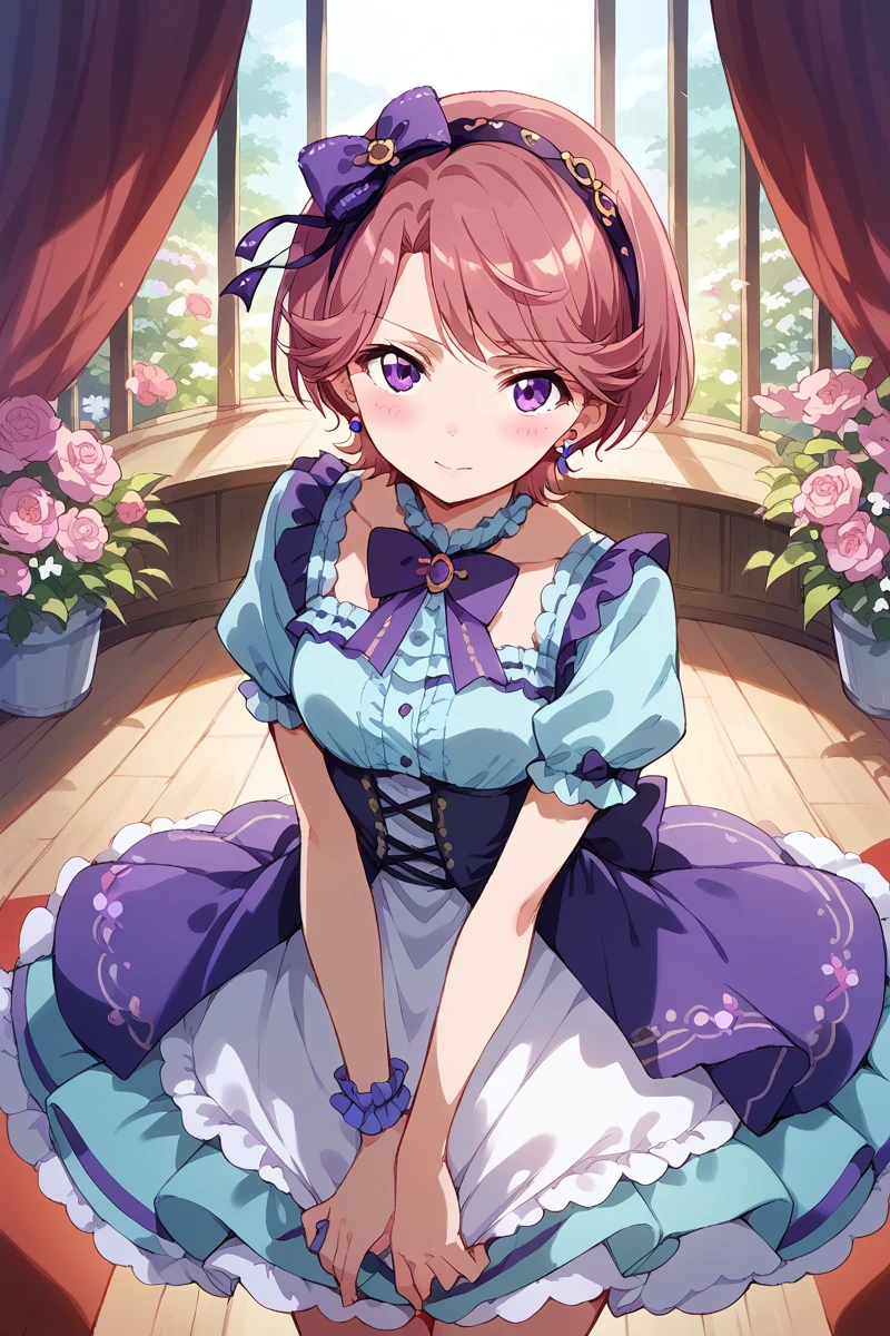 score_9, score_8_up, score_7_up, score_6_up, 1girl,
 <lora:Futaba_Isurugi:0.9> futaba, short hair, solo, hairband, purple eyes, dress, stage, looking at viewer, bow, blush, flower, idol,