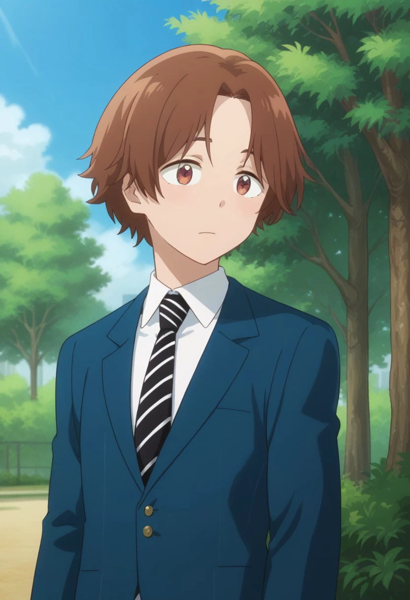 score_9, score_8_up, score_7_up, source_anime, highly detailed, 
rintaro, 
1boy, brown hair, male focus, brown eyes, school uniform, solo, necktie, tree,jacket, blue jacket, blazer, black necktie, striped necktie, outdoors, shirt, parted bangs, white shirt, upper body
outdoor, sky,