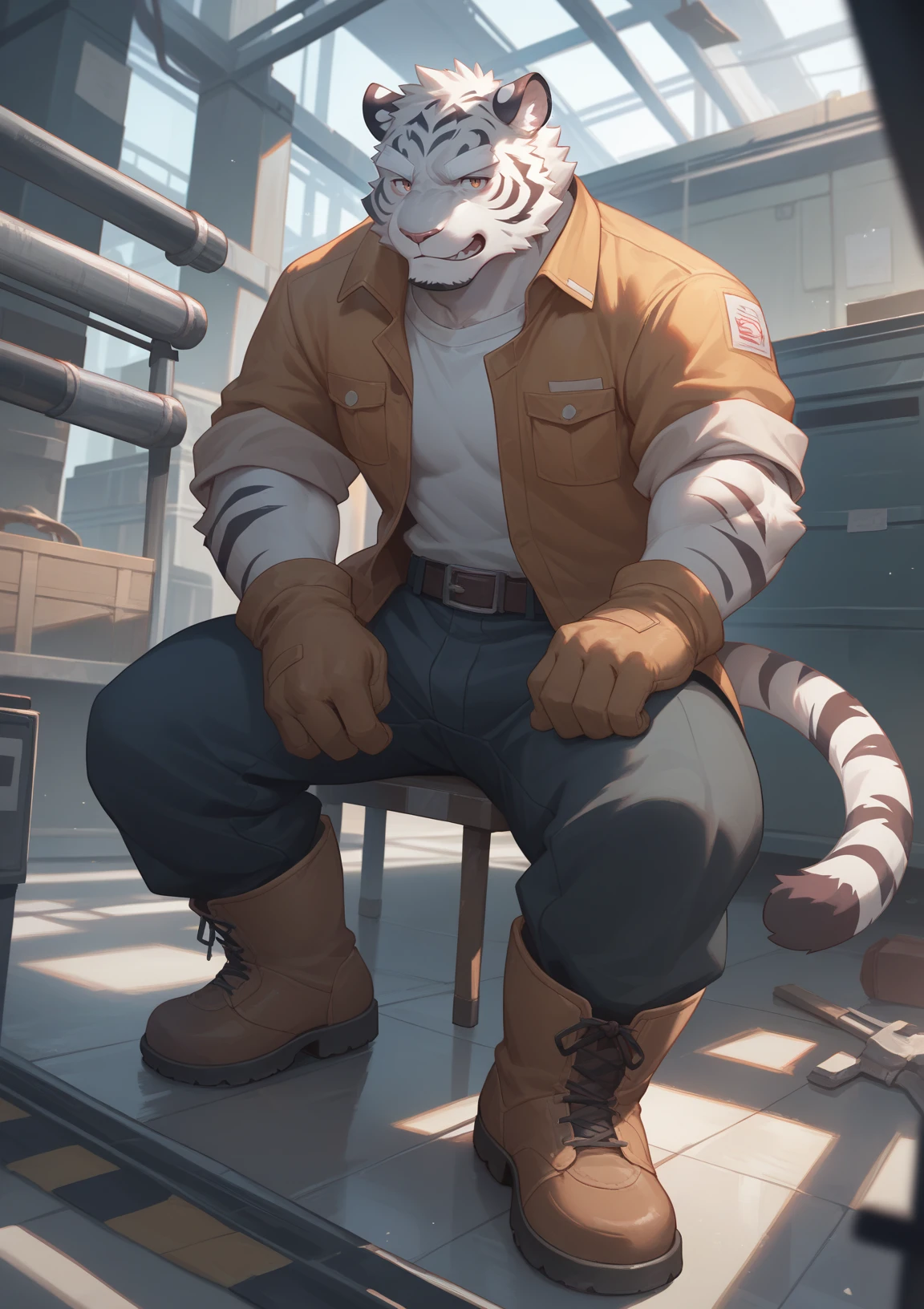 felid, tiger, by lindong,
anthro, solo, male, muscular,
(white eyebrows, white fur, white body:1.4),
clothed, topwaer, bottomwear, footwear, handwear, (gloves), boots,
worker, (factory uniforms, work wear style), detailed background,
anime artwork, anime style, key visual,
vibrant, studio anime, highly detailed
BREAK zPDXL,