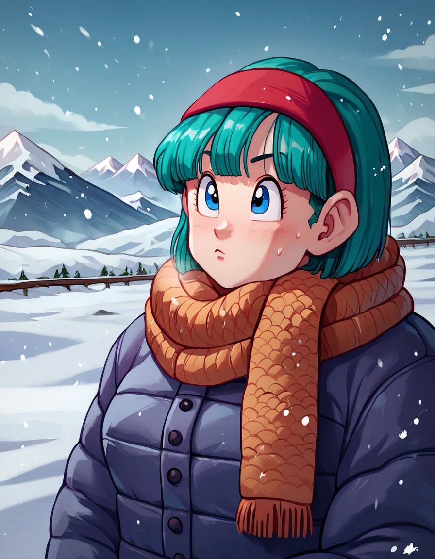 zPDXL
bulmaxl, 1girl, solo,  medium length hair, red hairband, hairband, 
snow,snowing, winter clothes, quilted scarf, cold, mountain, ski goggles, 
<lora:bulmaxl4-000003:0.7>  ,