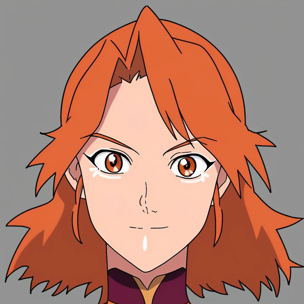 lina anime, lina anime \(dota 2\), 1girl, solo, looking at viewer, smile, simple background, brown hair, brown eyes, closed mouth, medium hair, grey background, orange hair, portrait