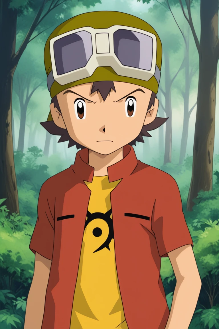 score_9, score_8_up, score_7_up, score_6_up, detailed, intricate details,best quality ,source_anime, cowboy shot, male focus
takuya kanbara, brown hair, brown eyes, red jacket, yellow shirt, 1boy, male focus, solo, goggles, tree, hat, nature, forest, outdoors, goggles on head, closed mouth, shirt, frown<lora:EMS-421335-EMS:1.000000>