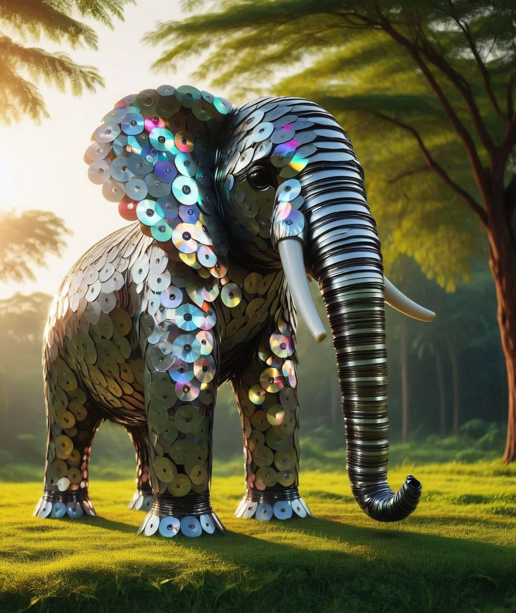 cinematic photo an elephant  made of cd's  <lora:CDs_SDXL:1> . 35mm photograph, film, bokeh, professional, 4k, highly detailed