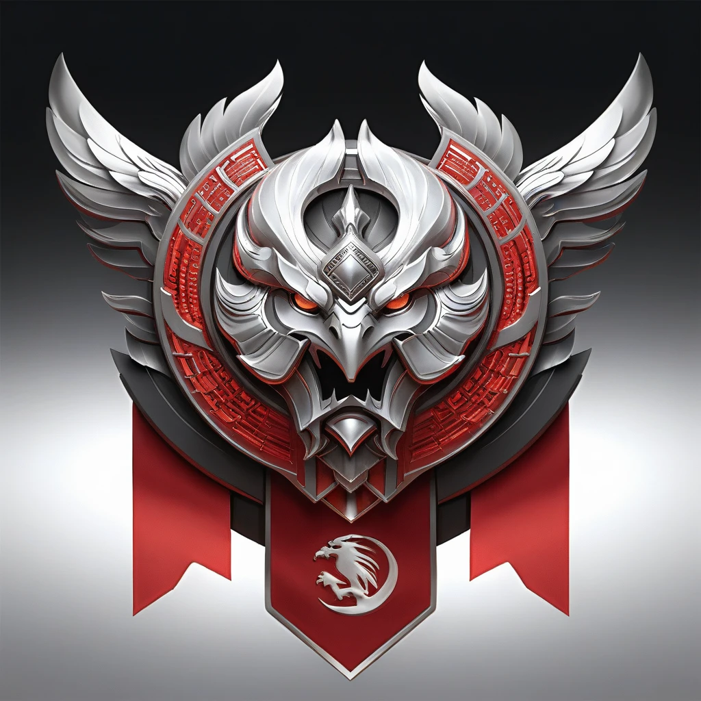 masterpiece, rank game icon,UHD, <lora:rankgameicon_Hap_XL:1.5>, black and red logo featuring Albanian eagle symbol, influenced by the stamp style, integrating the figure of Skanderbeg, set against a backdrop reminiscent of an epic Steven Spielberg movie still, sharp focus with suggestions of emitting diodes, elements of smoke, artillery flashes, sparks, racks, and a motherboard layout, styled with the hyperrealistic concept art of Pascal Blanche, Rutkowski, and Repin from ArtStation,ï¼