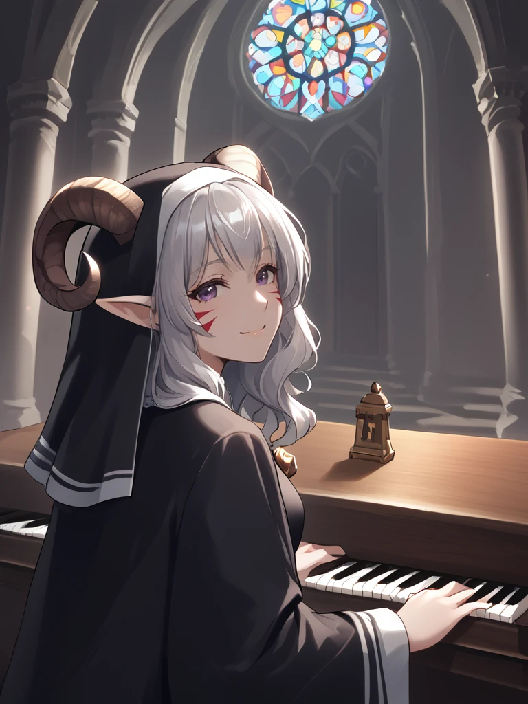 source_furry, score_7_up, rating_safe, source_anime,anime face,<lora:whisker_markings:0.8>red whisker_markings:1.2, silver long wavy hair, bell necklace, short pointy ears, purple eyes, <lora:age_slider_v4:0.6>
organ \(instrument\):1.3, pipe_organ, playing instrument:1.2, church, from behind:1.3, sitting, pipe, smile, 
organ_(instrument):1.45, looking up, 
church_wall, 
 nun:1.2, 
solo,
<lora:Tieflingnew weird fantasyDND:0.3><lora:Smooth Style 2 SDXL_LoRA_Pony Diffusion V6 XL:0.3> detailed face, 
<lora:Test_Diana:0.7> tiefling_bard_diana,
 <lora:organ:1>