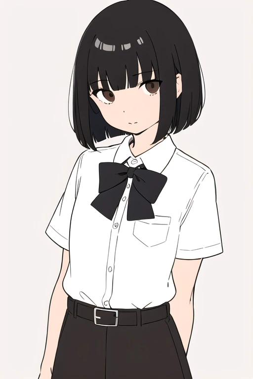 (flat color:1.25), limited palette, simple background, 

1girl, 
black hair, brown eyes,
bob cut, bangs, blunt bangs,

white shirt, collared shirt, black bowtie, short sleeves, 

black skirt, brown belt, buttons,