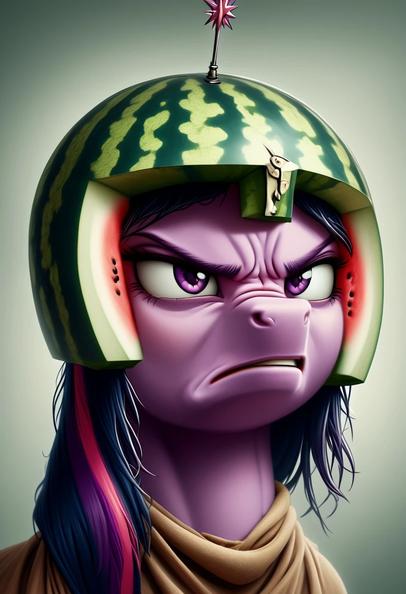 melonhelm, 1girl, Twilight sparkle, pony, wearing watermelon helmet, portrait, angry