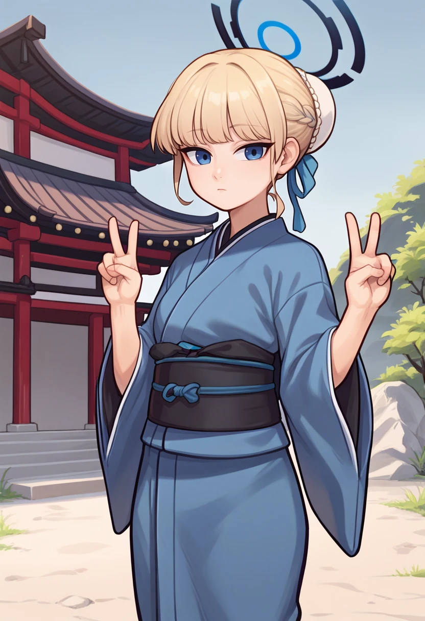 score_9, score_8_up, score_7_up, solo, 1girl, tokidef, expressionless, looking at viewer, standing, double v, short hair, single hair bun, bun cover, braid, hair ribbon, blue ribbon, blue halo, japanese clothes, blue kimono, wide sleeves, black sash, outdoors, east asian architecture <lora:ba_asumatoki_ponyXL:1>