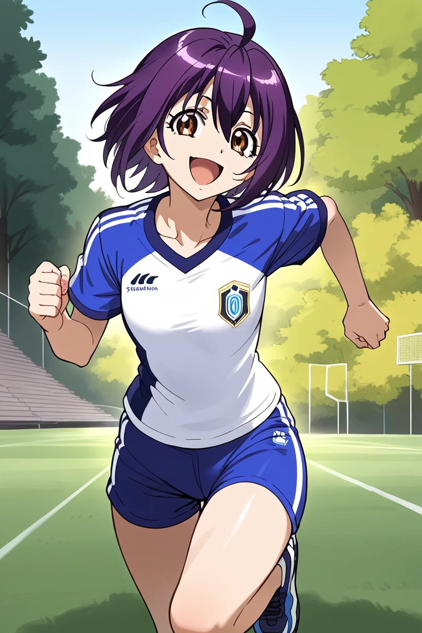 score_9, score_8_up, score_7_up, source_anime BREAK 1girl, solo, crossange_momoka, cowboy shot, soccer uniform, running, purple hair, short hair, ahoge, bangs, brown eyes, looking at you, smile, open mouth, ground <lora:crossange_momoka:1>