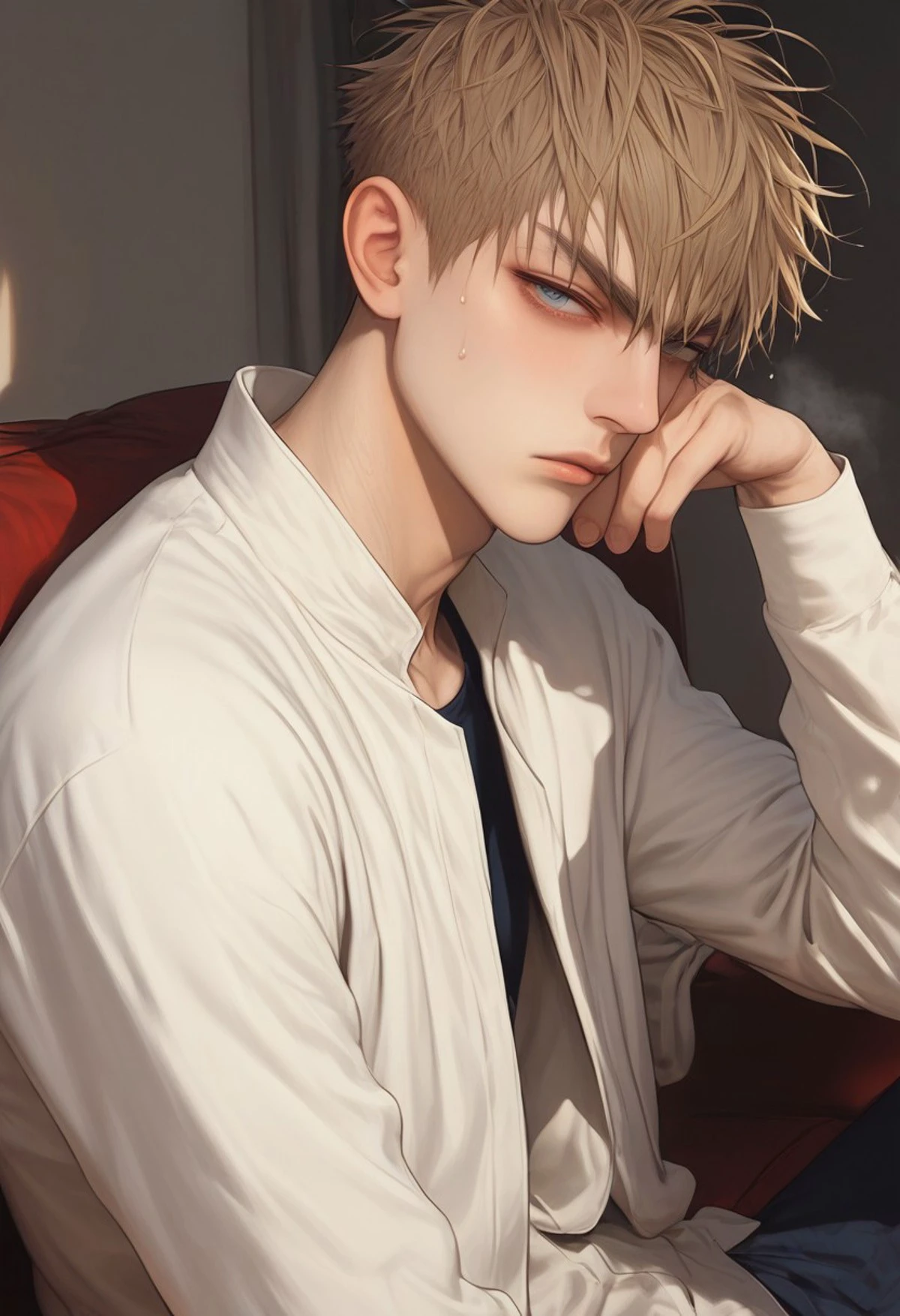 1boy, solo, male focus, slim toned male, xixi_(19_days), zhan_zheng_xi, brown blonde hair, short hair, pale skin, blue grey eyes, slim face, detailed eyes, satisfaction, satisfied, neutral, detailed face, slim face,
dark theme, intense shadow, intimidating, chest close to viewer, dark light, no light, dark out, shadow, 
casual clothes, pants, coat, sweaty hair, long sleeves, looking at viewer, from side view,
sweating, sweat, steaming, heavy breathing, front view, seductive, romantic, in a sofa, (lounging:1.1), relax
rating PG, score_9,score_8_up,score_7_up, source_anime, male focus, manly, tall, detailed eyebrow, sharp eyebrows, focus on thigh, thigh focus, random view