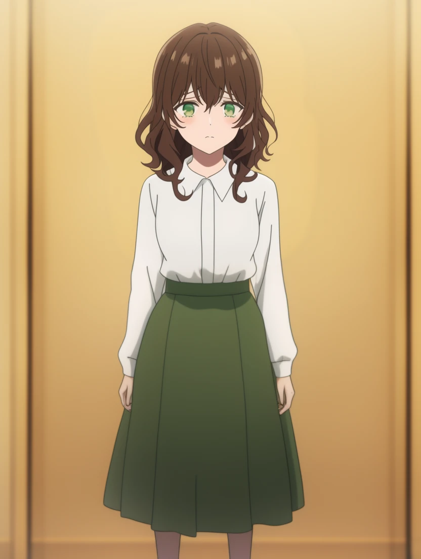 masterpiece, best quality,
<lora:dahlia.sd15.v2:0.6> dahlia, brown hair, green eyes,
white shirt,green skirt,
teenager,
sad,
full body,