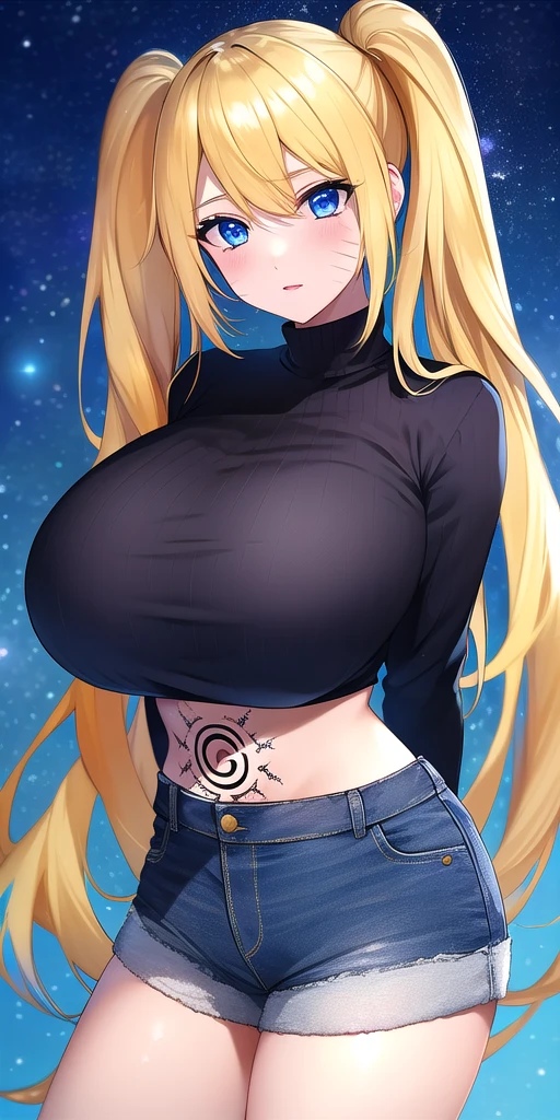 <lora:UzumakiNarukoV2:0.7> naruko_uzumaki, huge_breasts, standing, solo, arms_behind_back, denim_shorts, tattoo_HakkeNoFuuinShiki, starry_sky,, masterpiece, best_quality, detailed_face, detailed_eyes, highres, beautiful, detailed, absurdres,