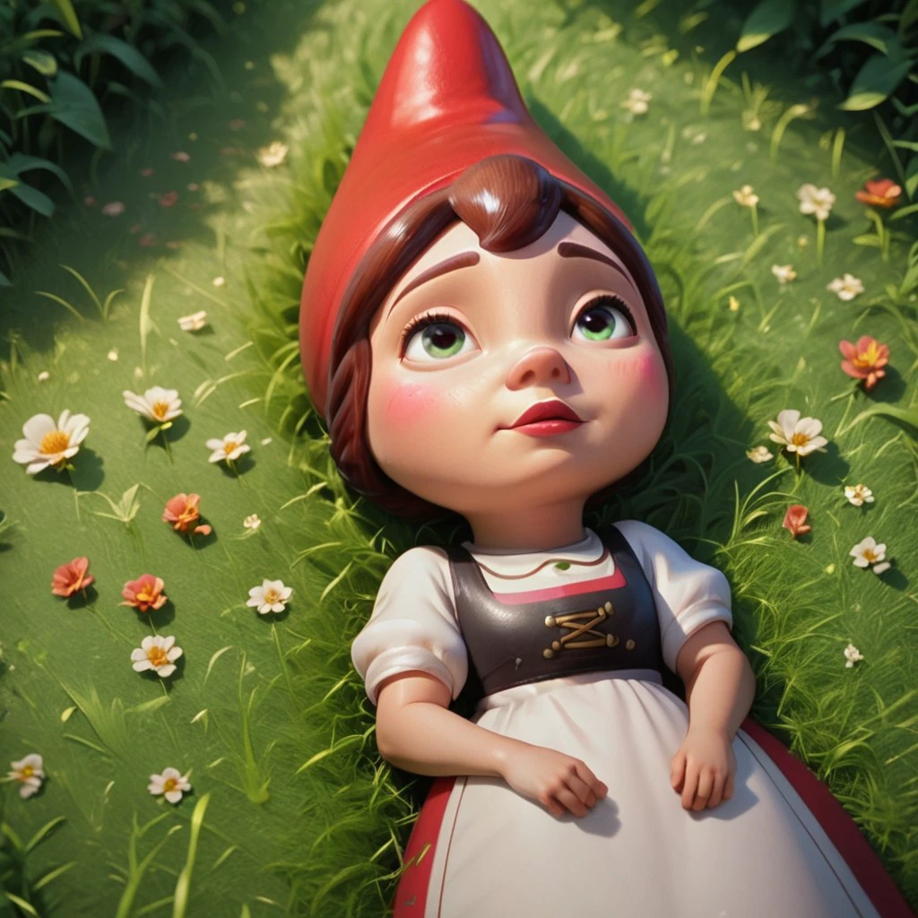 score_9, score_8_up, score_7_up, score_6_up, score_5_up, score_4_up, 1girl, JulietGnome, in a garden, hat, laying in the grass, looking up at viewer