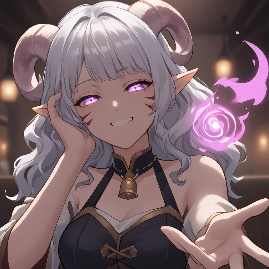 source_furry, score_7_up, rating_safe, cowboy shot, close up, source_anime, anime face, <lora:whisker_markings:0.8>red whisker_markings, silver long wavy hair, tavern, bell necklace, short pointy ears, purple eyes, <lora:age_slider_v4:0.6>
<lora:Tieflingnew weird fantasyDND:0.3><lora:Smooth Style 2 SDXL_LoRA_Pony Diffusion V6 XL:0.3> smile, open eyes, shadow, <lora:Test_Diana:0.6> tiefling_bard_diana, <lora:INKxXmo shaded face:1> Shaded Face, INKxXmo Dark Theme, 
(((outstretched hand, pink aura effect on hand, (magic aura on hand glowing pink: 1.21), palms, hand to viwer, pink smoke aura effect on hand))), glowing hand, <lora:healing_magic:0.7> <lora:Dark_Smoky_Aura:0.3>  Aura, Smoke