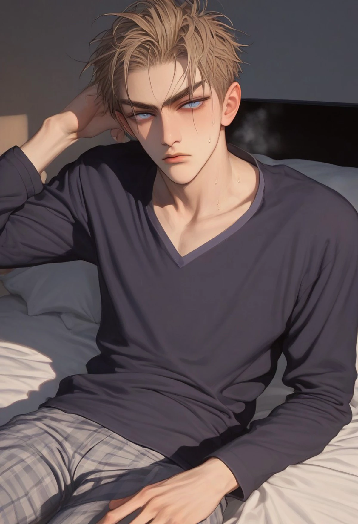 1boy, solo, male focus, slim toned male, xixi_(19_days), zhan_zheng_xi, brown blonde hair, short hair, pale skin, blue grey eyes, slim face, detailed eyes, satisfaction, satisfied, neutral, detailed face, slim face,
dark theme, intense shadow, intimidating, chest close to viewer, dark light, no light, dark out, shadow, 
pajamas, socks, long pants, sweaty hair, long sleeves, looking at viewer, in bed, aesthetic, night
sweating, sweat, steaming, heavy breathing, front view, seductive, romantic, sleeping, clothes pull, relax
rating PG, score_9,score_8_up,score_7_up, source_anime, male focus, manly, tall, detailed eyebrow, sharp eyebrows, focus on thigh, thigh focus, random view