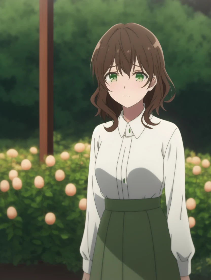 masterpiece, best quality,
<lora:dahlia.sd15.v2:0.6> dahlia, brown hair, green eyes,
white shirt,green skirt,
teenager,
sad,