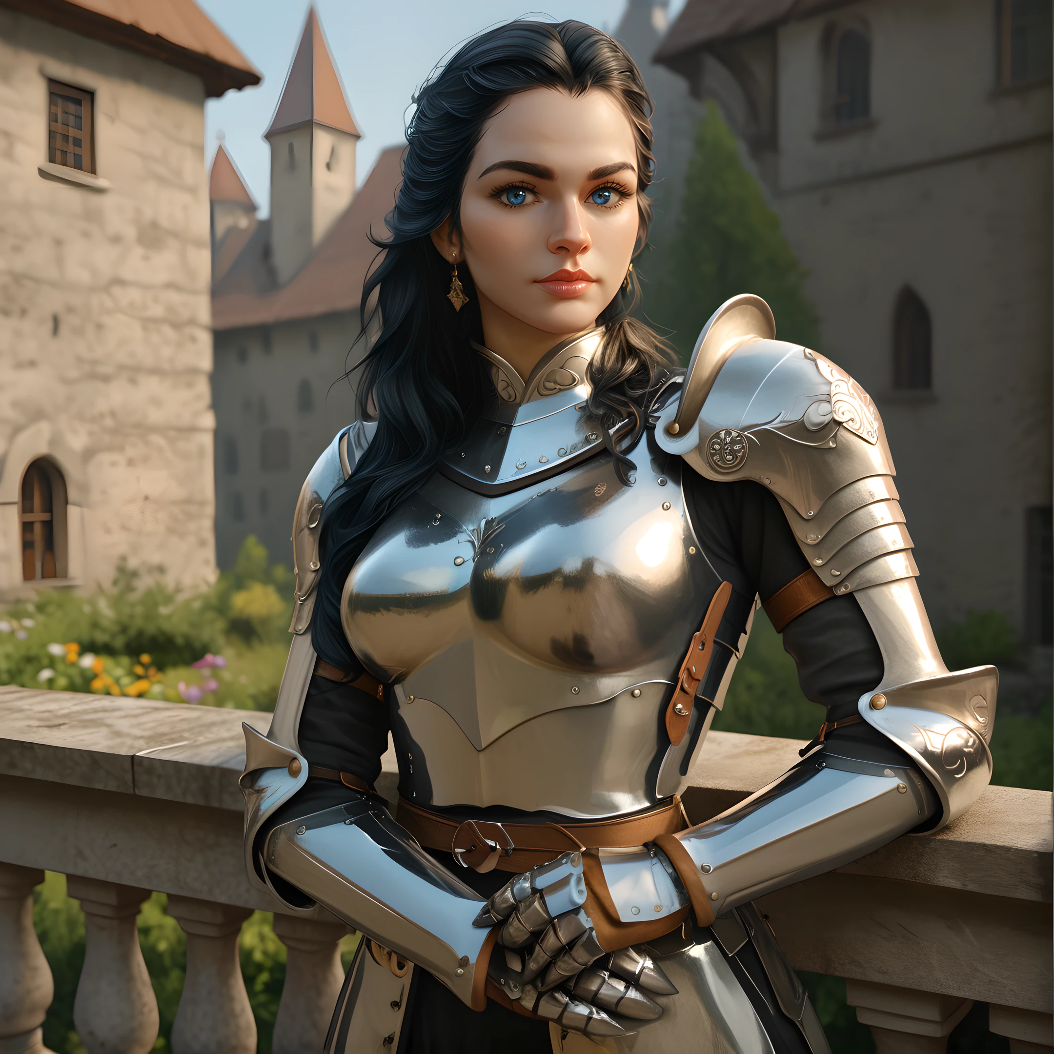 1girl, solo, black hair, armor, realistic, outdoors, long hair, breastplate, shoulder armor, looking at viewer, gauntlets, <lora:Medieval_Times_-_Realistic_Female_Armor:0.7>
BREAK
level_9, level_8_up, level_7_up, level_6_up, level_5_up, source_cartoon, masterpiece 
BREAK
medieval, mature, blue eyes,