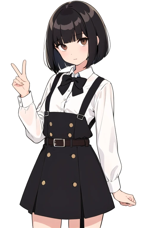 flat color,

1girl, 
black hair, brown eyes,
(bob cut:1.2), bangs, blunt bangs,

white shirt, collared shirt, black bowtie, 

suspender skirt, black skirt, brown belt, buttons,