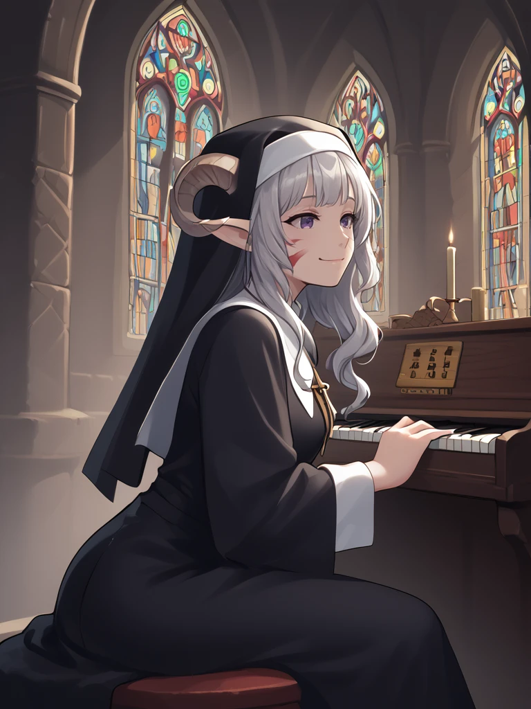 source_furry, score_7_up, rating_safe, source_anime,anime face,<lora:whisker_markings:0.8>red whisker_markings:1.2, silver long wavy hair, bell necklace, short pointy ears, purple eyes, <lora:age_slider_v4:0.6>
organ \(instrument\):1.3, pipe_organ, playing instrument:1.2, church, from behind:1.3, sitting, pipe, smile, looking up, horn, 
church_wall, 
 nun, 
solo,
<lora:Tieflingnew weird fantasyDND:0.3><lora:Smooth Style 2 SDXL_LoRA_Pony Diffusion V6 XL:0.3> detailed face, 
<lora:Test_Diana:0.7> tiefling_bard_diana,
 <lora:organ:1>