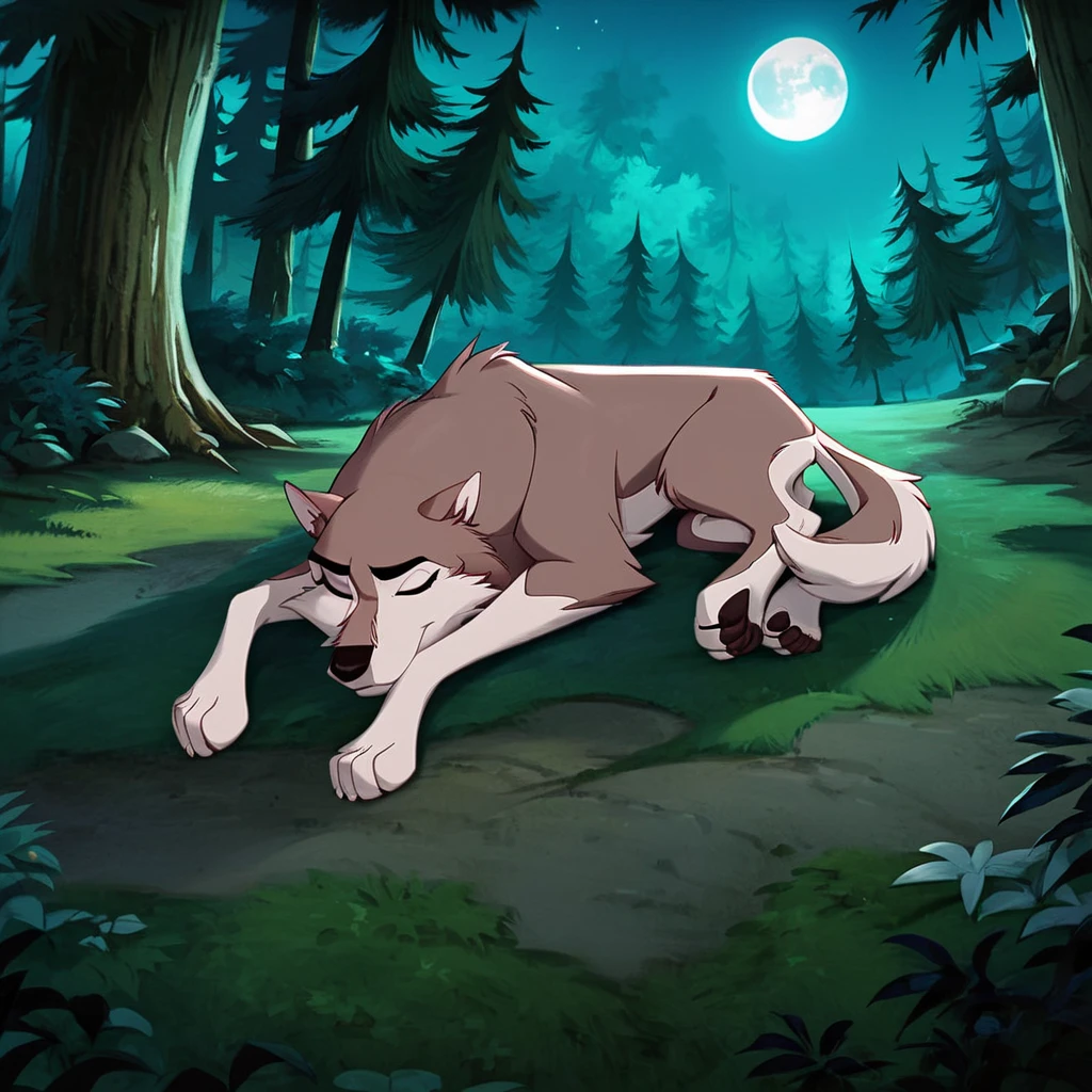 score_9, score_8_up, score_7_up, score_6_up, score_5_up, score_4_up,  <lora:Aleu:1>, aleu, solo, full body, outdoors, no humans, night, dog, animal focus, white fur, 1girl, wolf, animal, body fur, two tone fur, trees, moon, forest,  closed eyes, laying down, sleeping,