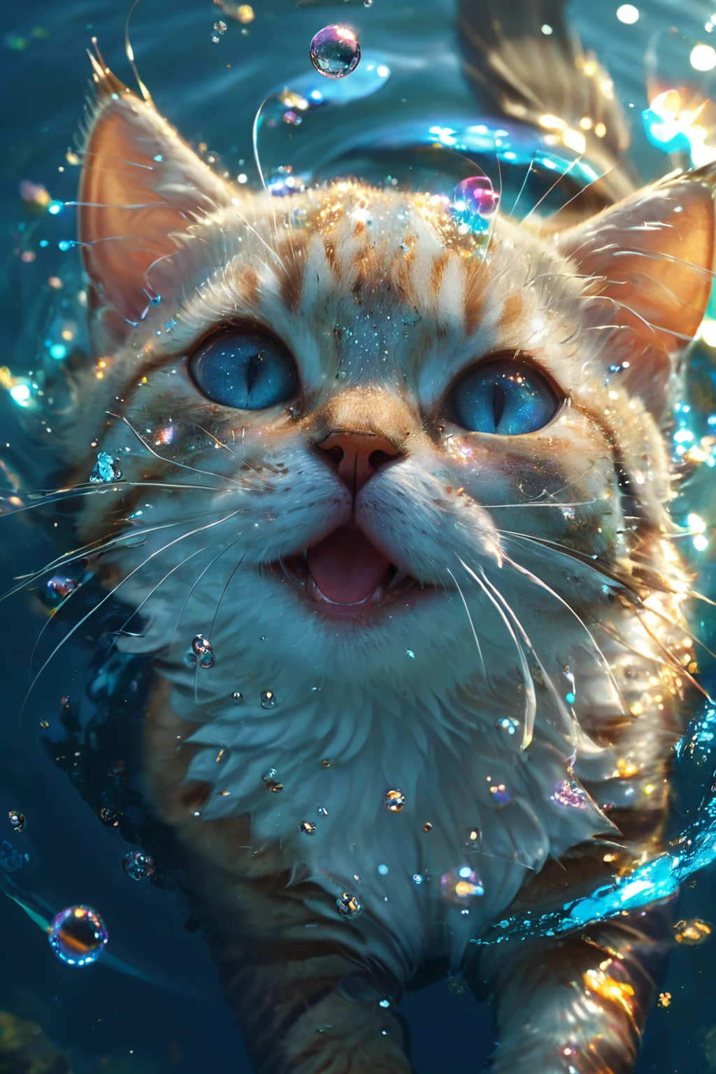 breathtaking <lora:CatSaviorXL:0.9>,
CatSavior,no humans,animal,closed eyes,scales,water,underwater,animal focus,whiskers,fish,bubble,cat,swimming,air bubble,light particles,shiny,
(light particles:1.3),(glowing:1.2),(shiny:1.2),(shone:1.1),beautiful detailed eyes,<lora:xl_more_art-full_v1:0.5>,, best quality , masterpiece, illustration, an extremely delicate and beautiful, extremely detailed ,CG,unity,8k wallpaper, Amazing, finely detail, masterpiece, best quality,official art,extremely detailed CG unity 8k wallpaper,absurdres, incredibly absurdres, huge filesize , ultra-detailed, highres, extremely detailed,beautiful detailed girl, extremely detailed eyes and face, beautiful detailed eyes,light on face, . award-winning, professional, highly detailed