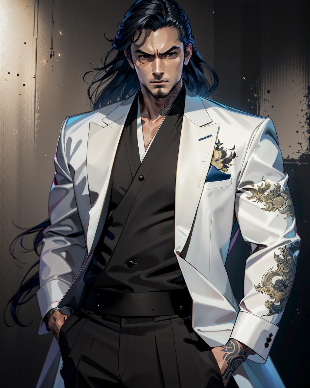 best quality,masterpiece,highly detailed,ultra-detailed, 
 <lora:neg9V2_last:0.7>  <lora:ikegami-ryoichi_v02:1.25>  man formal suit,yakuza