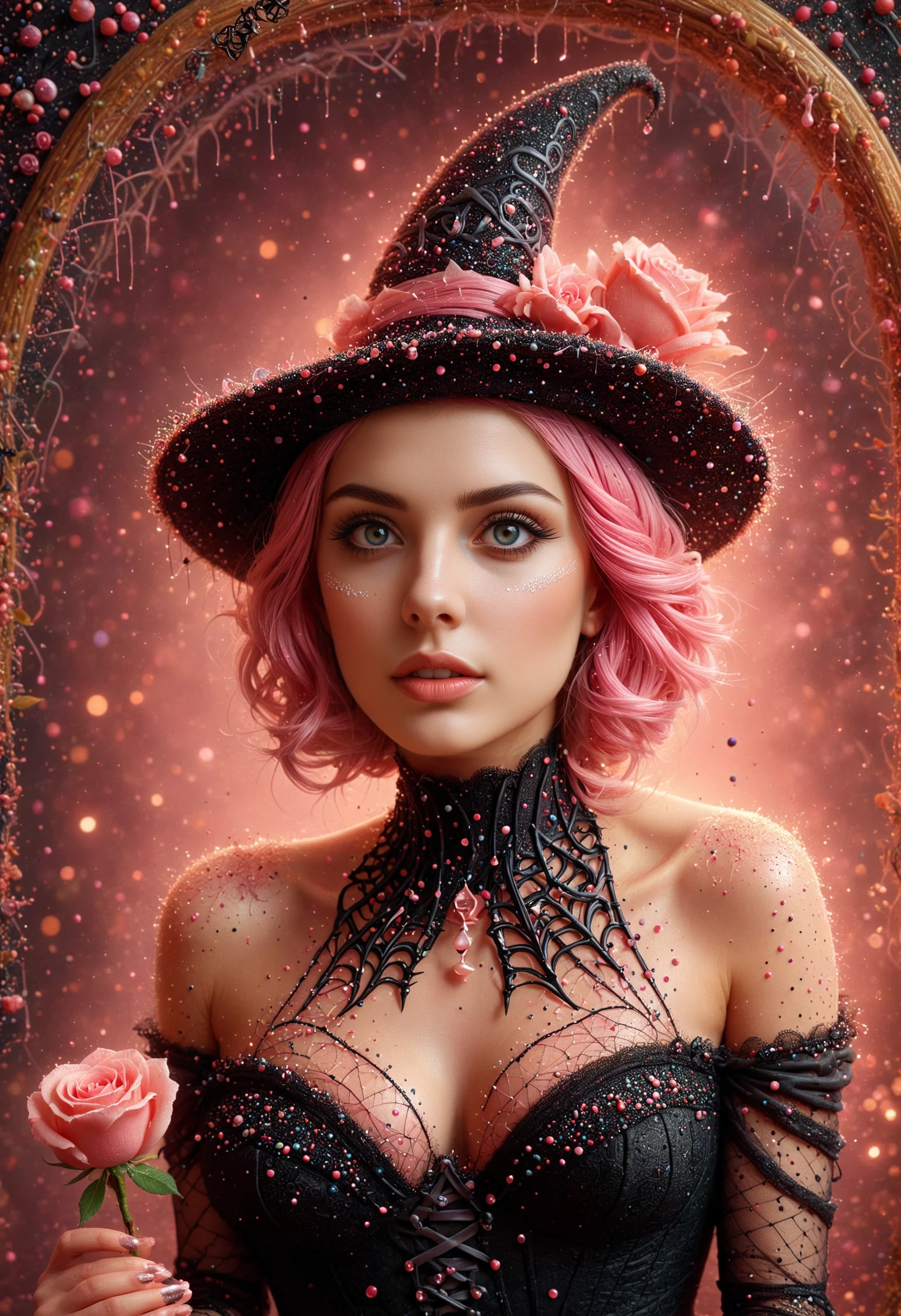 pink female witch portrait beauty pretty soft dewy glow skin sparkle highlighter pink haired youthful witch web witch feminine retro vintage antique spiderwebs on her pointed pink witchhat wearing a spiderweb pink corset ribbon laced up, with dewdrops on a pink rose with spiderwebs with dewdrops on the webs halloween spiderwebs spider-web hd highres 4k 8k coquette aesthetic, made out of sprinkles, <lora:PinkieSprnklsSDXL-000003:1>, p1nkspr1nkles, colorful, made out of sprinkles,