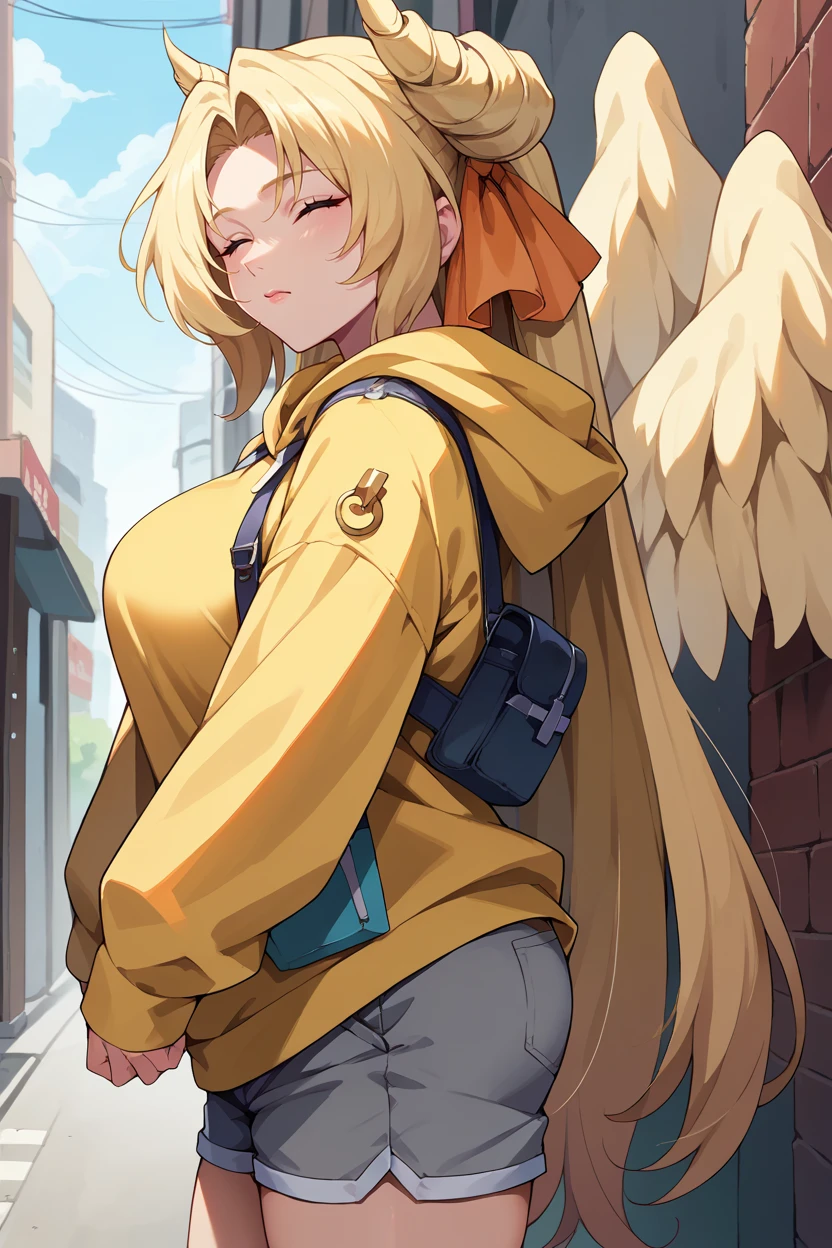 score_9, score_8_up, score_7_up, score_6_up, source_anime BREAK 1girl, solo   <lora:margotknight-pdxl-nvwls-v1-000006:1> margot knight, blonde hair, very long hair, double bun, hair ribbon, yellow wings, closed eyes, large breasts, yellow hoodie, from side, grey shorts, city, alleyway, looking at viewer,