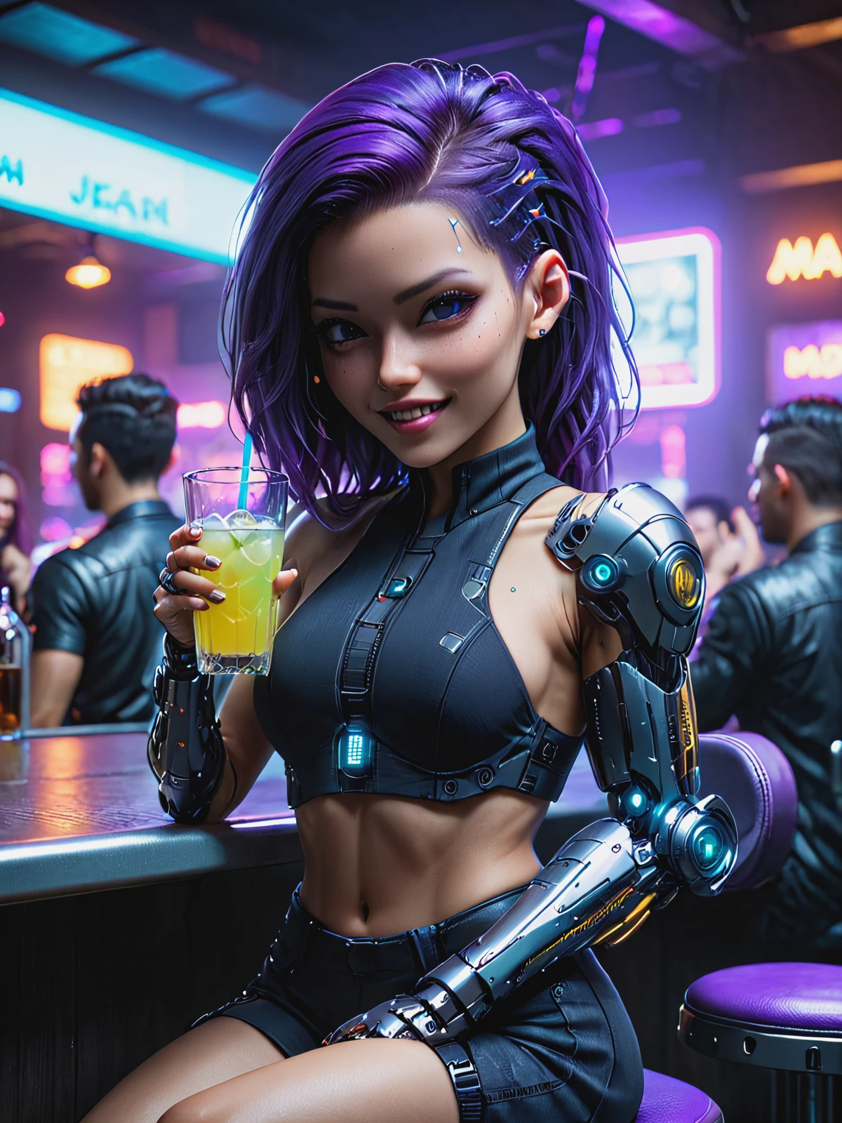 woman sitting on achair holding a drink, mad-2cbrrm,  mad-1cbrrm,cyberpunk, halterneck, crowded bar, depth of field, neon light, long purple hair, light smile, <lora:Neon_Cyberpunk_Cyberarm_SDXL:1>, (masterpiece:1.2), best quality, (hyperdetailed, highest detailed:1.2), high resolution textures