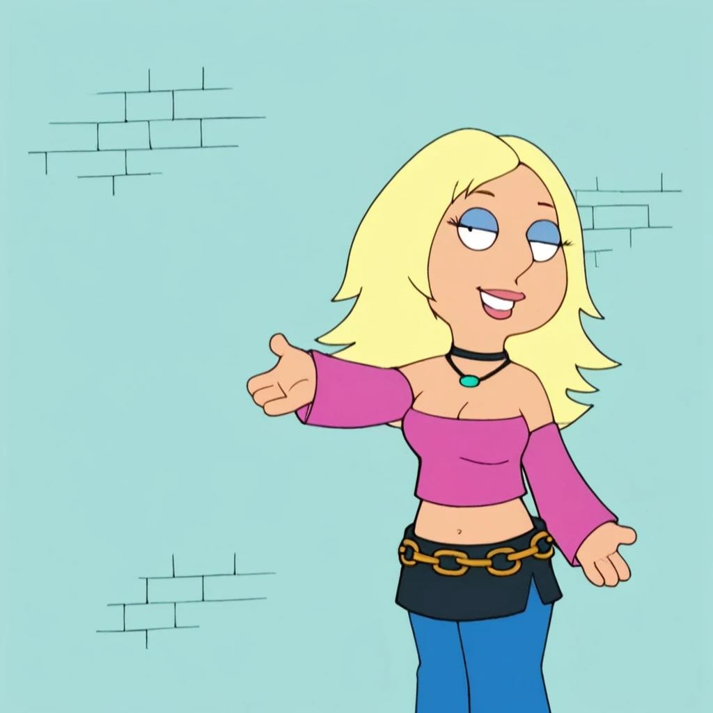meg, blonde hair, 1girl, solo, long hair, flat color, pink shirt, crop top, navel, detached sleeves, choker, necklace, cleavage, medium breasts, black skirt, blue pants, makeup, eyeshadow, belt, standing, looking at viewer, smile, griffin household, score_9, score_8_up, score_7_up, score_6_up, score_5_up, score_4_up
